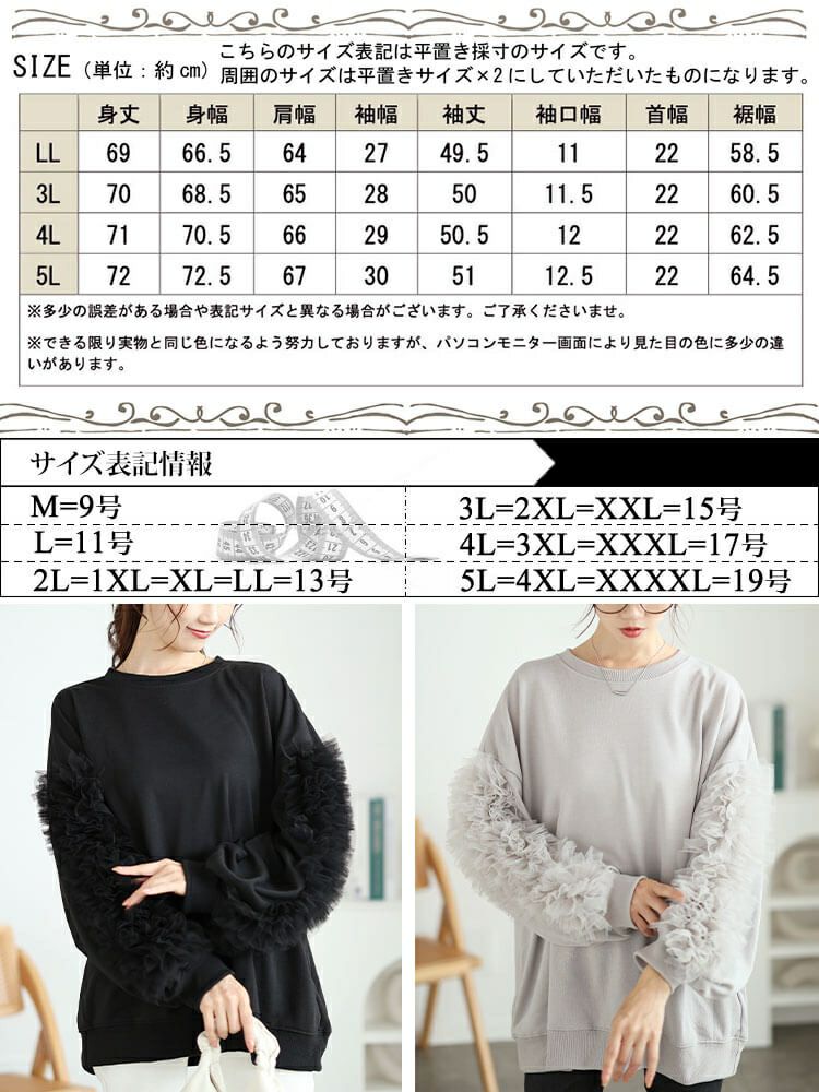 大きいサイズ レディース 袖チュールフリルプルオーバー　plan-260526