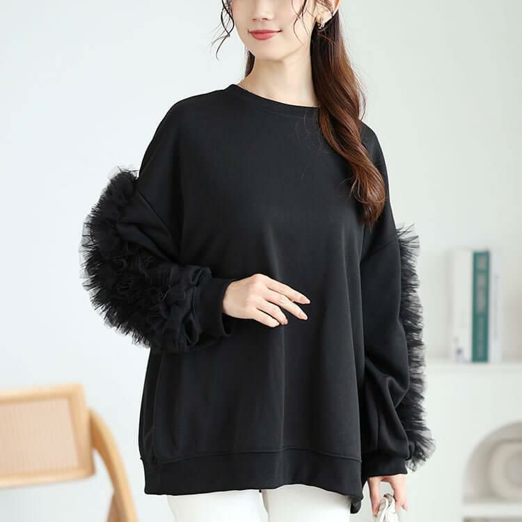 大きいサイズ レディース 袖チュールフリルプルオーバー　plan-260526 ブラック