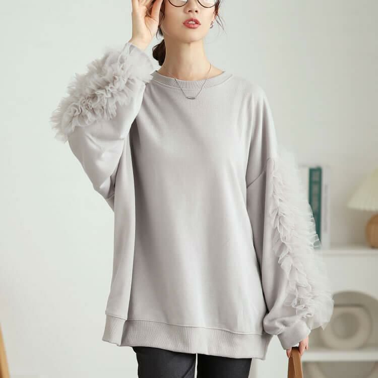 大きいサイズ レディース 袖チュールフリルプルオーバー　plan-260526 グレー