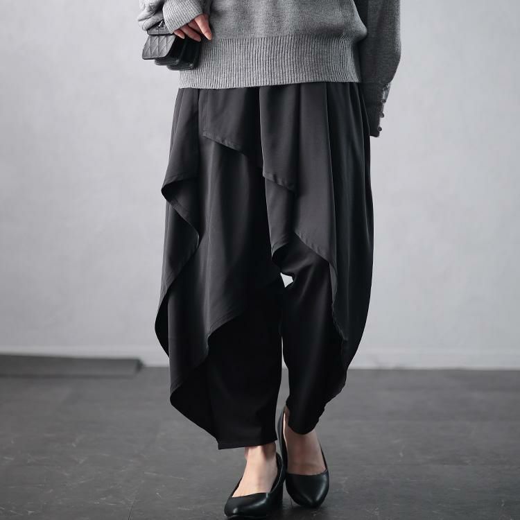 大きいサイズ レディース アシメレイヤードサルエルパンツ　u2-0100 ブラック