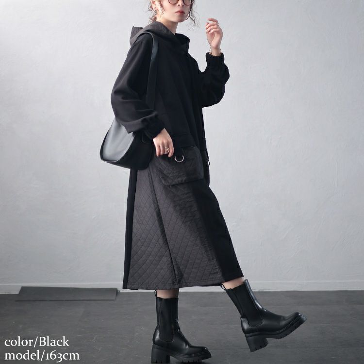 大きいサイズ レディース キルト配色ビッグポケットフーディーワンピース　u2-0099