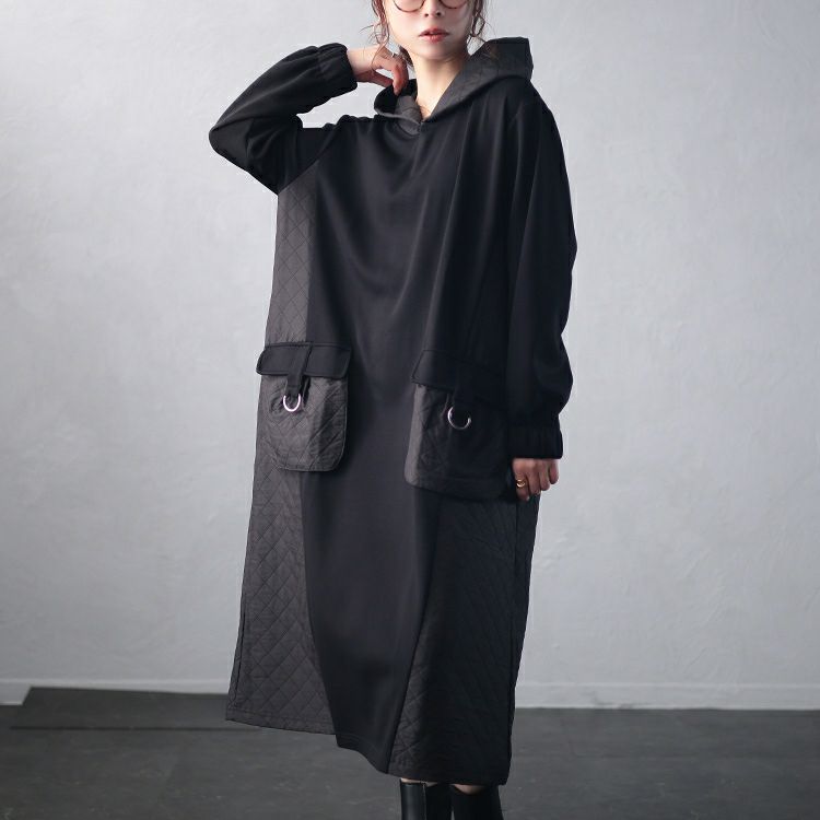 大きいサイズ レディース キルト配色ビッグポケットフーディーワンピース　u2-0099