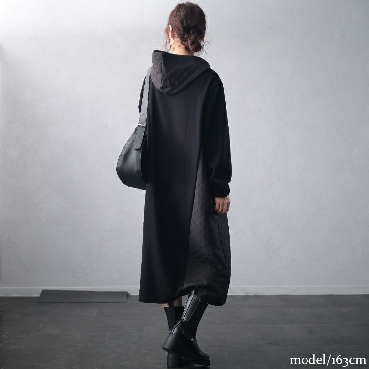 大きいサイズ レディース キルト配色ビッグポケットフーディーワンピース　u2-0099