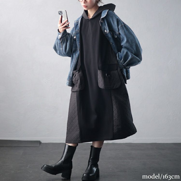 大きいサイズ レディース キルト配色ビッグポケットフーディーワンピース　u2-0099