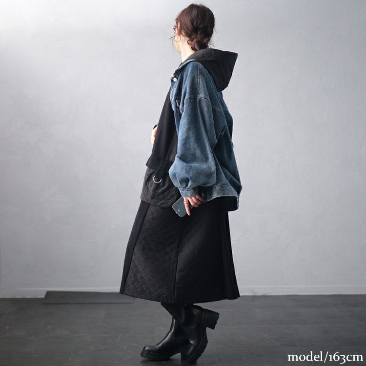 大きいサイズ レディース キルト配色ビッグポケットフーディーワンピース　u2-0099