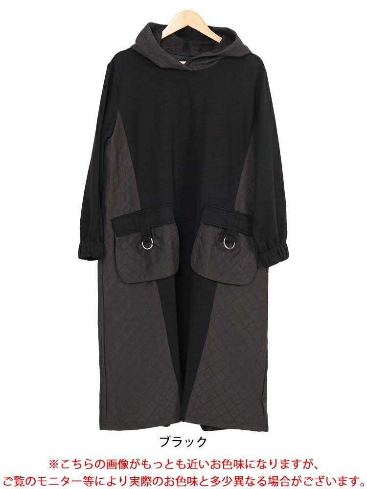 大きいサイズ レディース キルト配色ビッグポケットフーディーワンピース　u2-0099