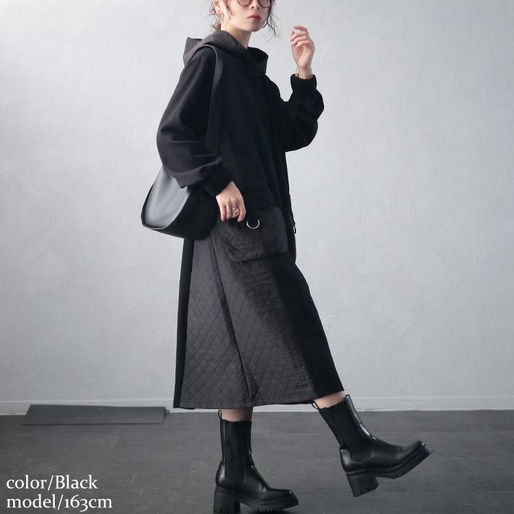 大きいサイズ レディース キルト配色ビッグポケットフーディーワンピース　u2-0099 ブラック