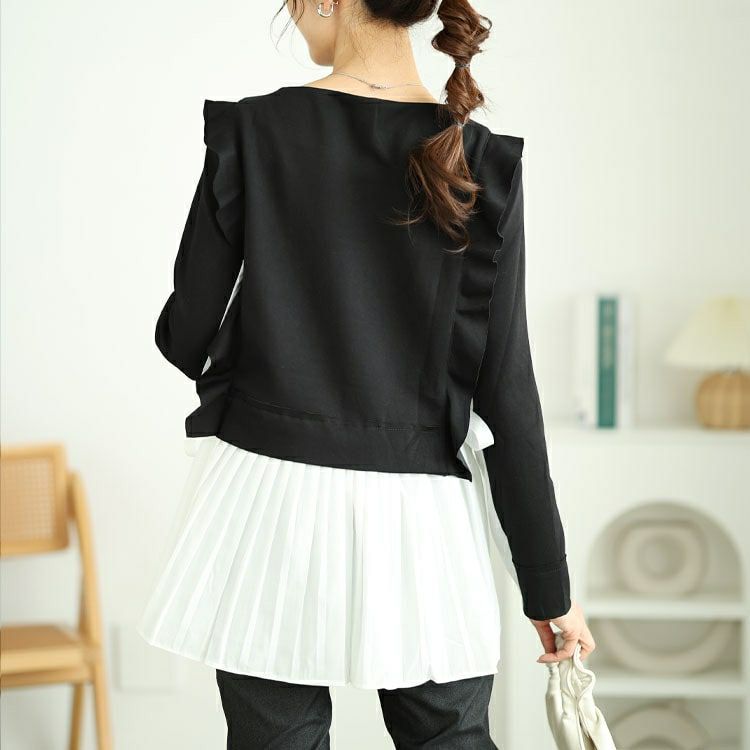 大きいサイズ レディース 配色プリーツドッキングフリルプルオーバー　jp509