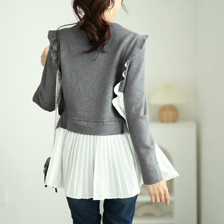 大きいサイズ レディース 配色プリーツドッキングフリルプルオーバー　jp509