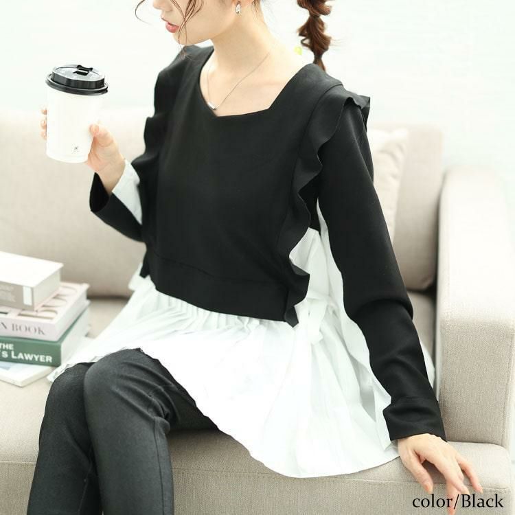 大きいサイズ レディース 配色プリーツドッキングフリルプルオーバー　jp509 ブラック