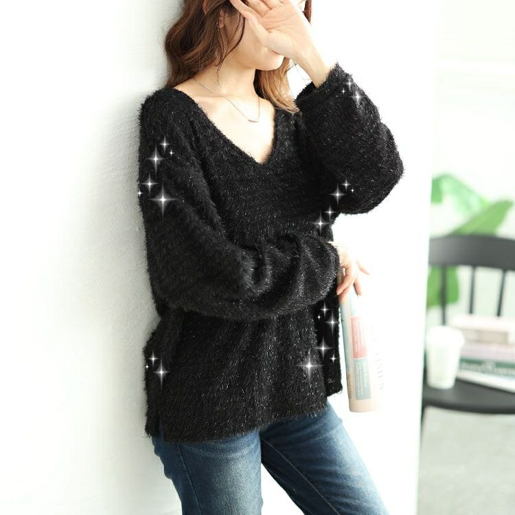 大きいサイズ レディース ラメシャギーVネックニット　tog-1010