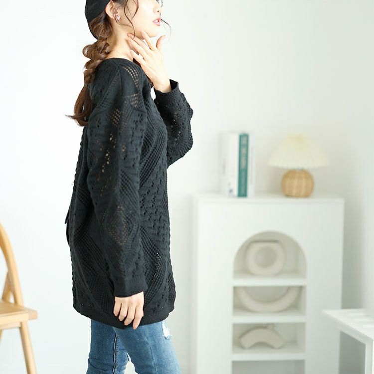 大きいサイズ レディース Vネック透かし編みニット　jp521
