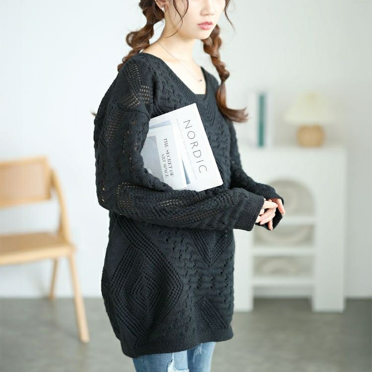 大きいサイズ レディース Vネック透かし編みニット　jp521