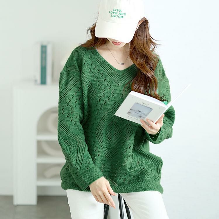 大きいサイズ レディース Vネック透かし編みニット　jp521 グリーン
