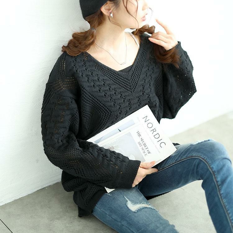 大きいサイズ レディース Vネック透かし編みニット　jp521 ブラック