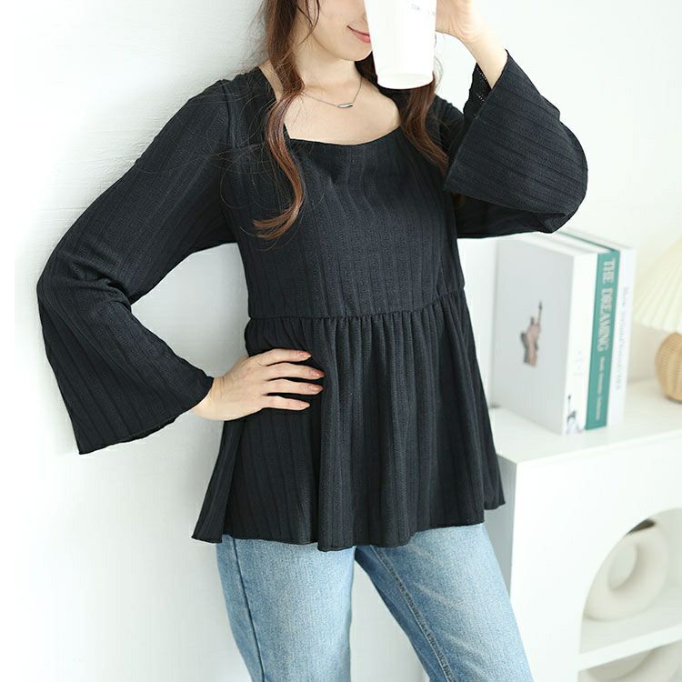 大きいサイズ レディース フレア袖リブペプラムトップス　jp515