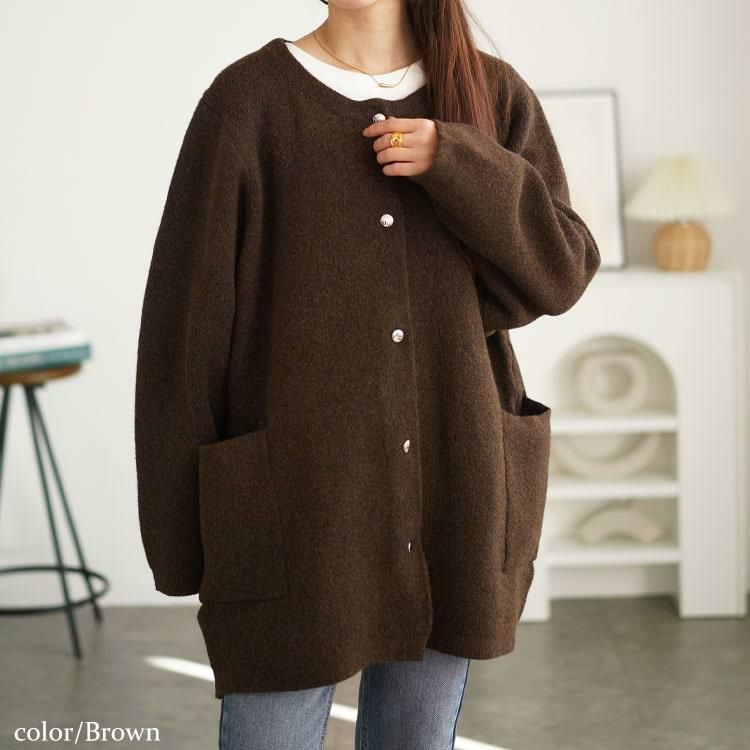 大きいサイズ レディース ノーカラーニットカーディガン　cpdai-640582 ブラウン