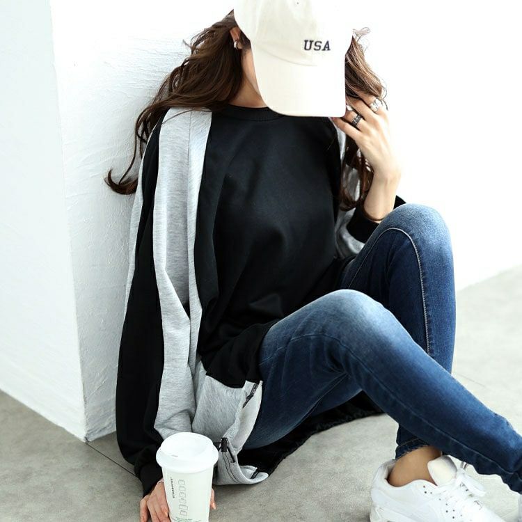 大きいサイズ レディース 裾ドロスト配色ラグランプルオーバー　bai-0167