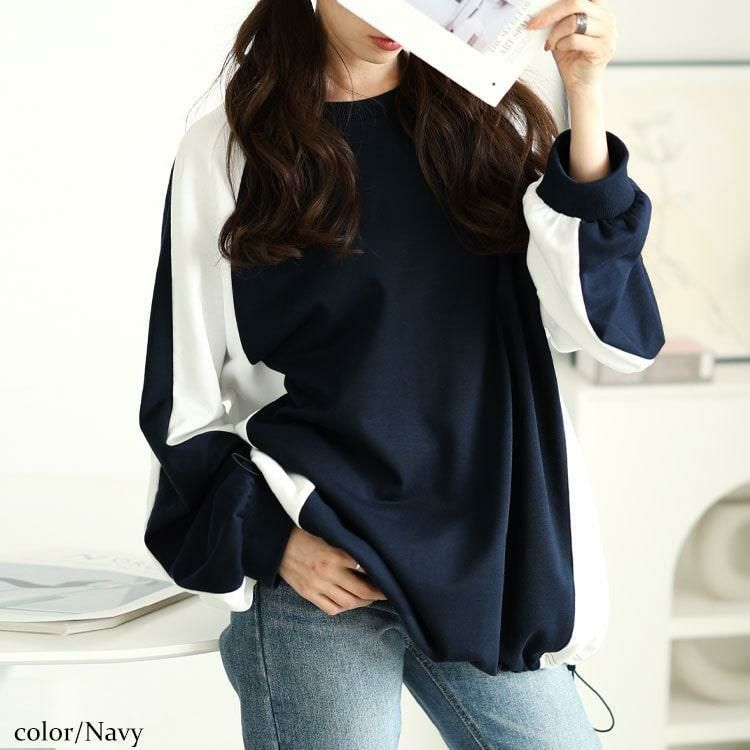 大きいサイズ レディース 裾ドロスト配色ラグランプルオーバー　bai-0167 ネイビー