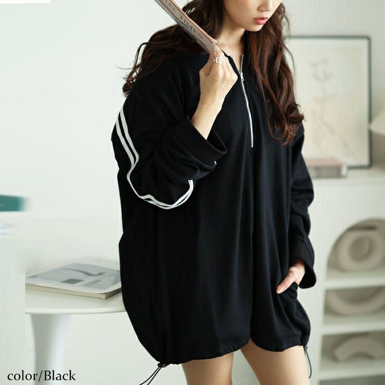 大きいサイズ レディース 裾ドロストハーフジップラインパーカー　bai-0166