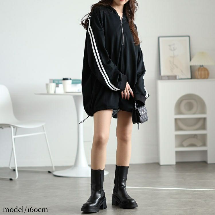 大きいサイズ レディース 裾ドロストハーフジップラインパーカー　bai-0166