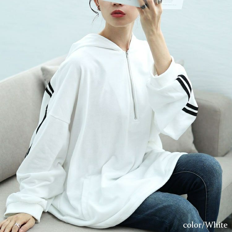 大きいサイズ レディース 裾ドロストハーフジップラインパーカー　bai-0166