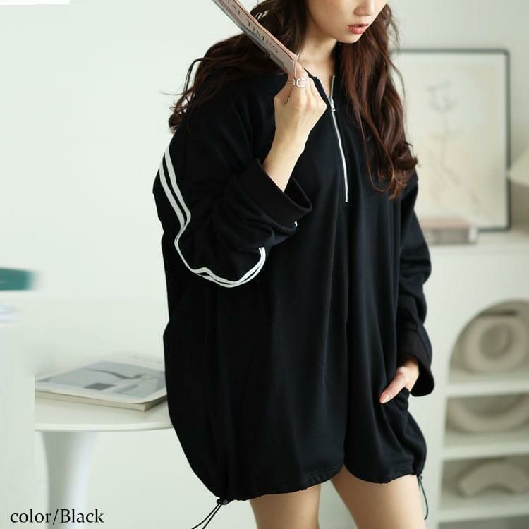 大きいサイズ レディース 裾ドロストハーフジップラインパーカー　bai-0166 ブラック