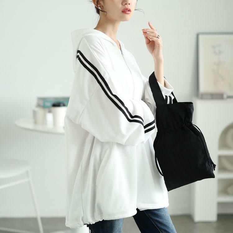 大きいサイズ レディース 裾ドロストハーフジップラインパーカー　bai-0166 ホワイト