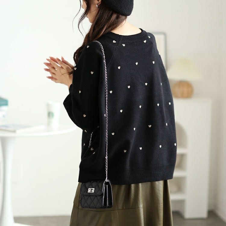 大きいサイズ レディース ハート柄ジャガードラグランニット　cpdai-640588