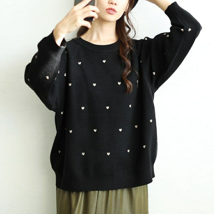 大きいサイズ レディース ハート柄ジャガードラグランニット　cpdai-640588