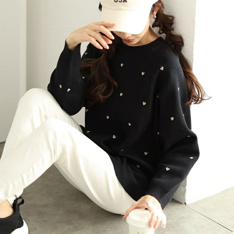 大きいサイズ レディース ハート柄ジャガードラグランニット　cpdai-640588