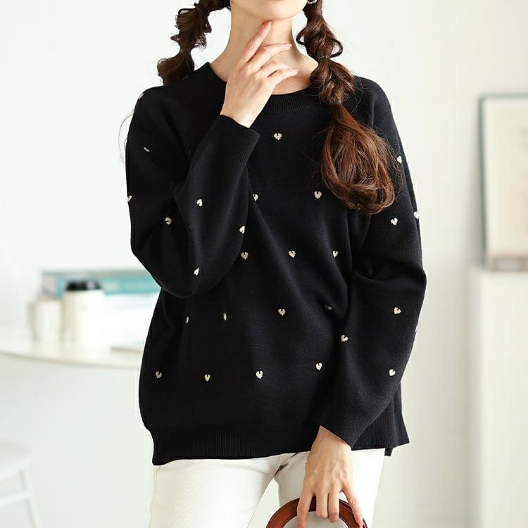 大きいサイズ レディース ハート柄ジャガードラグランニット　cpdai-640588