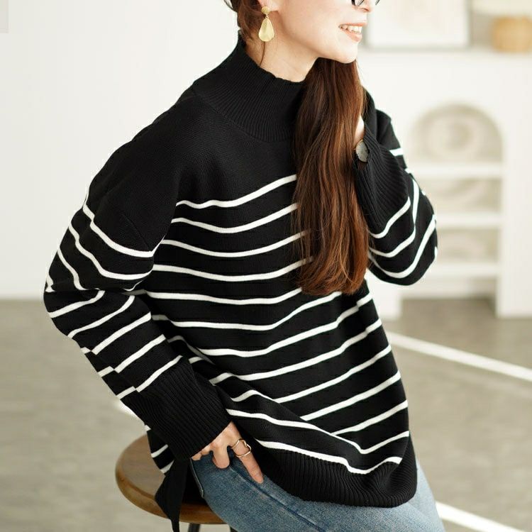 大きいサイズ レディース ハイネックパネルボーダーミラノリブニット　cpdai-640596