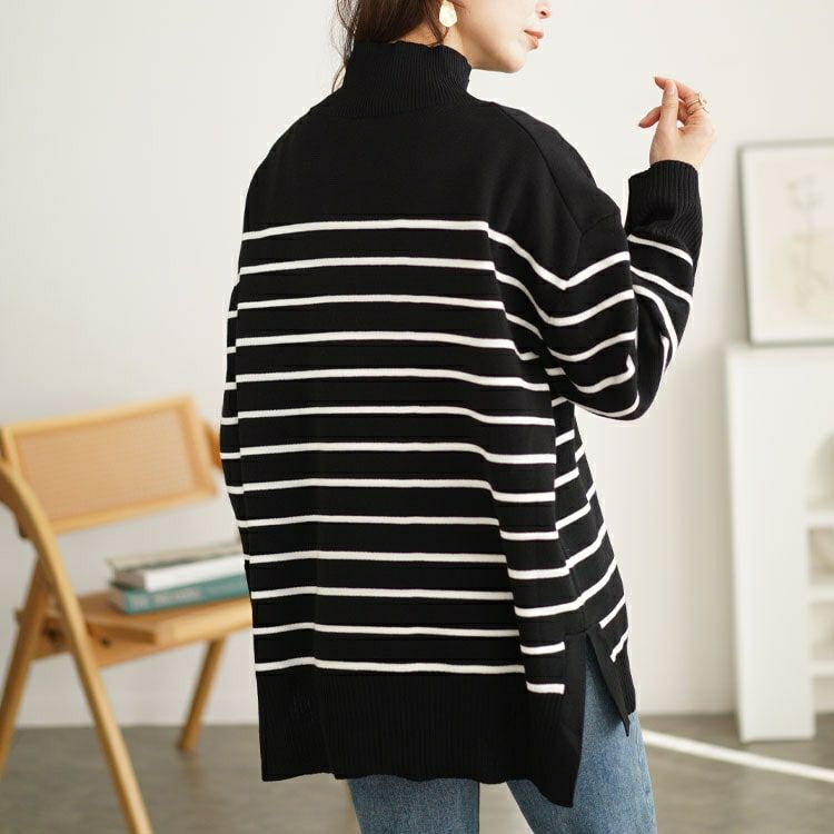 大きいサイズ レディース ハイネックパネルボーダーミラノリブニット　cpdai-640596