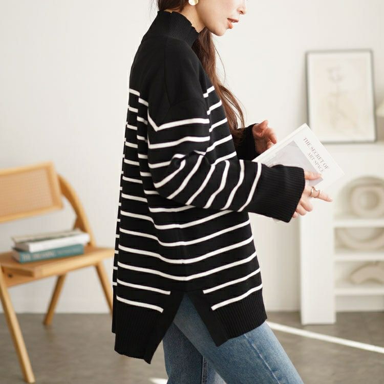 大きいサイズ レディース ハイネックパネルボーダーミラノリブニット　cpdai-640596