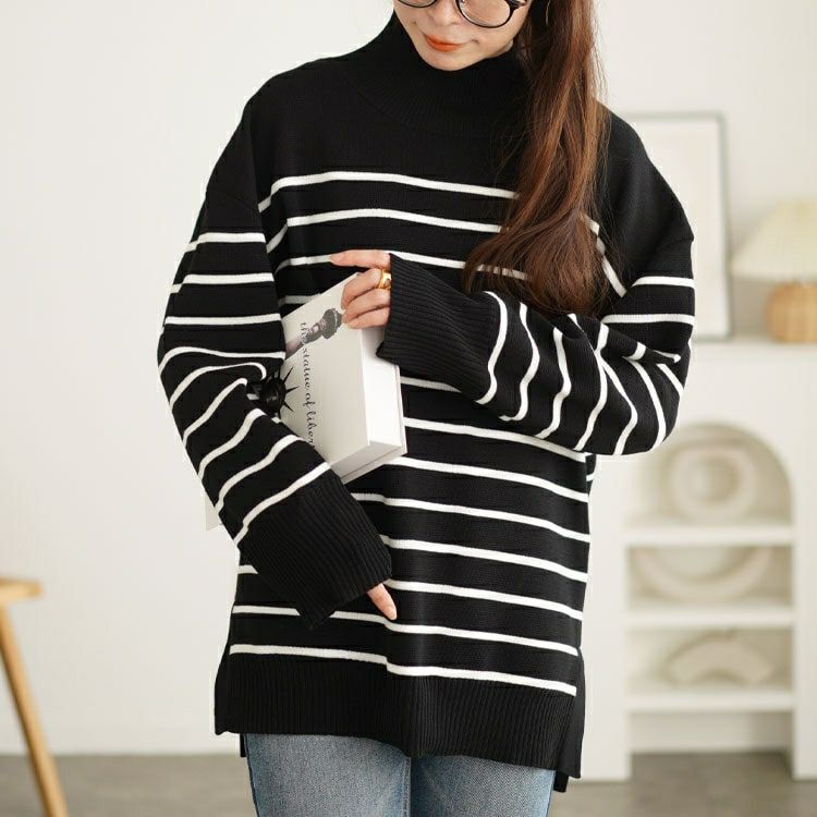 大きいサイズ レディース ハイネックパネルボーダーミラノリブニット　cpdai-640596