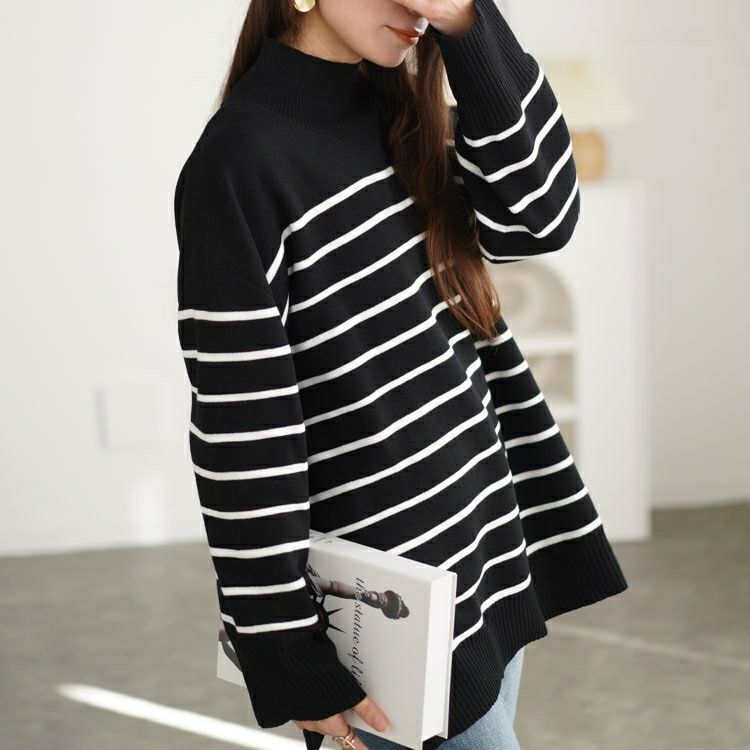 大きいサイズ レディース ハイネックパネルボーダーミラノリブニット　cpdai-640596