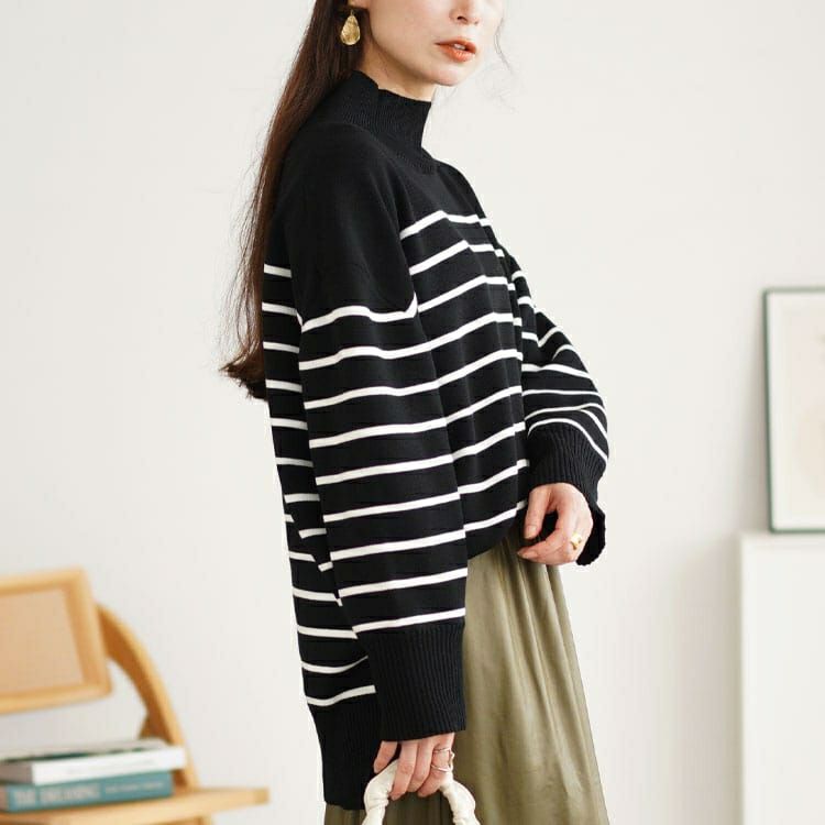 大きいサイズ レディース ハイネックパネルボーダーミラノリブニット　cpdai-640596