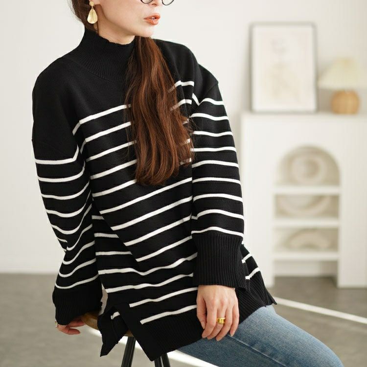 大きいサイズ レディース ハイネックパネルボーダーミラノリブニット　cpdai-640596