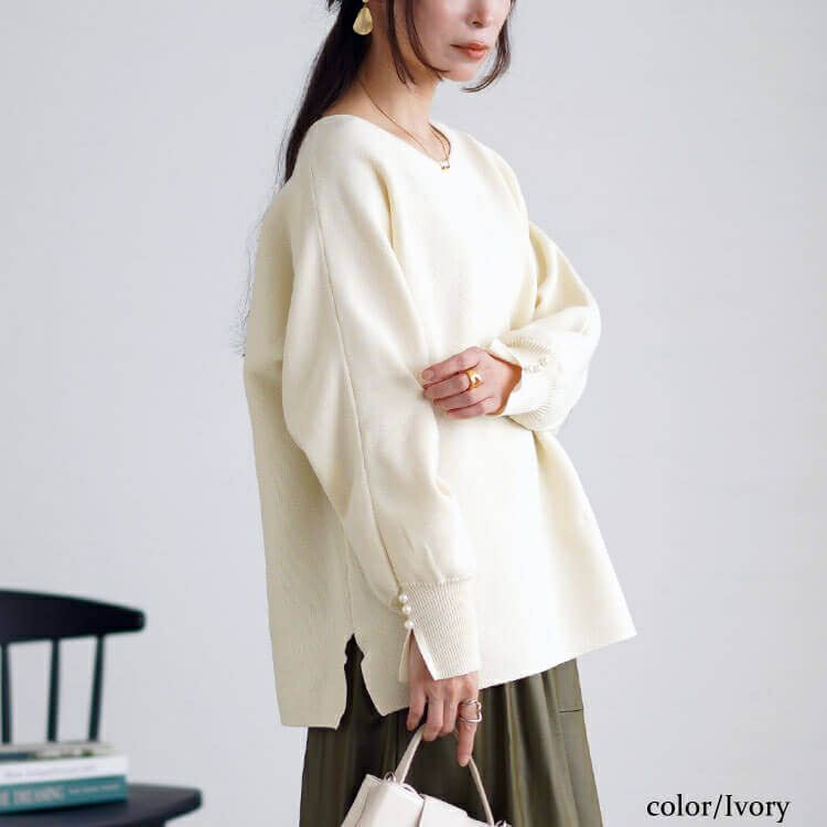 大きいサイズ レディース パールボタンミラノリブドルマンニット　cpdai-640615