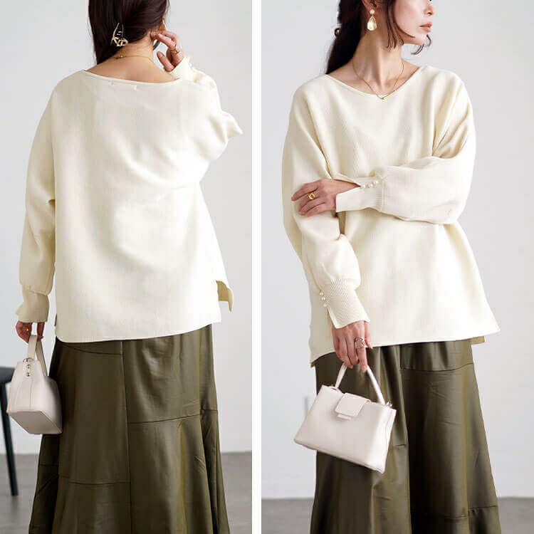 大きいサイズ レディース パールボタンミラノリブドルマンニット　cpdai-640615