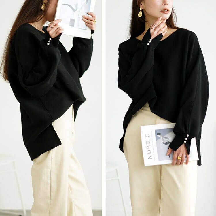 大きいサイズ レディース パールボタンミラノリブドルマンニット　cpdai-640615