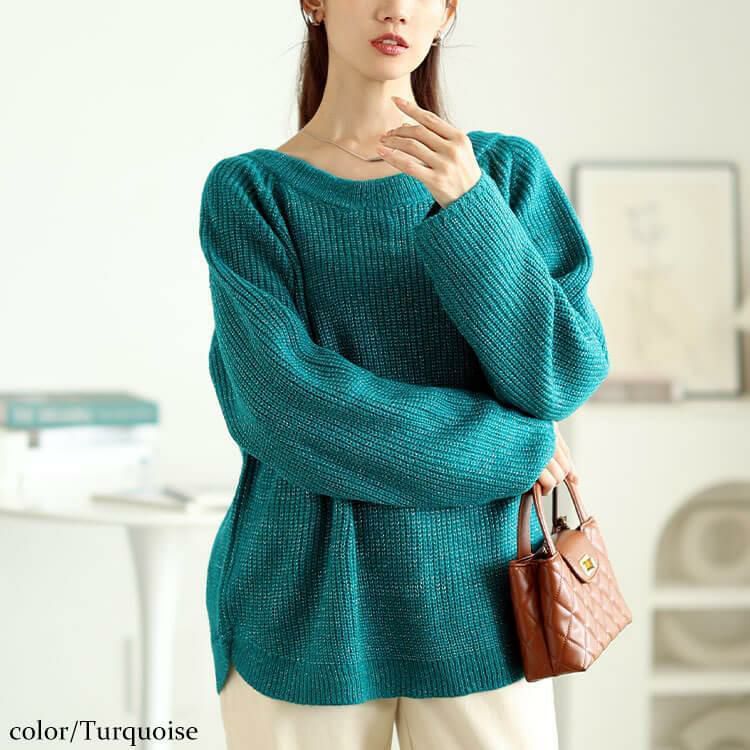 大きいサイズ レディース 前後2wayラメリブニット　cpdai-640617 ターコイズ
