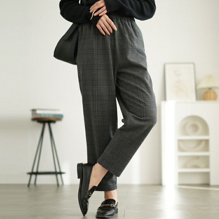 大きいサイズ レディース チェック柄メルティストレッチ微起毛テーパードパンツ　cpdai-640531