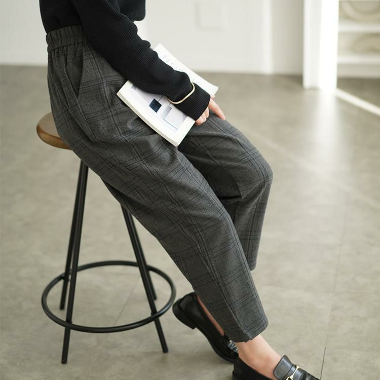 大きいサイズ レディース チェック柄メルティストレッチ微起毛テーパードパンツ　cpdai-640531 チャコール
