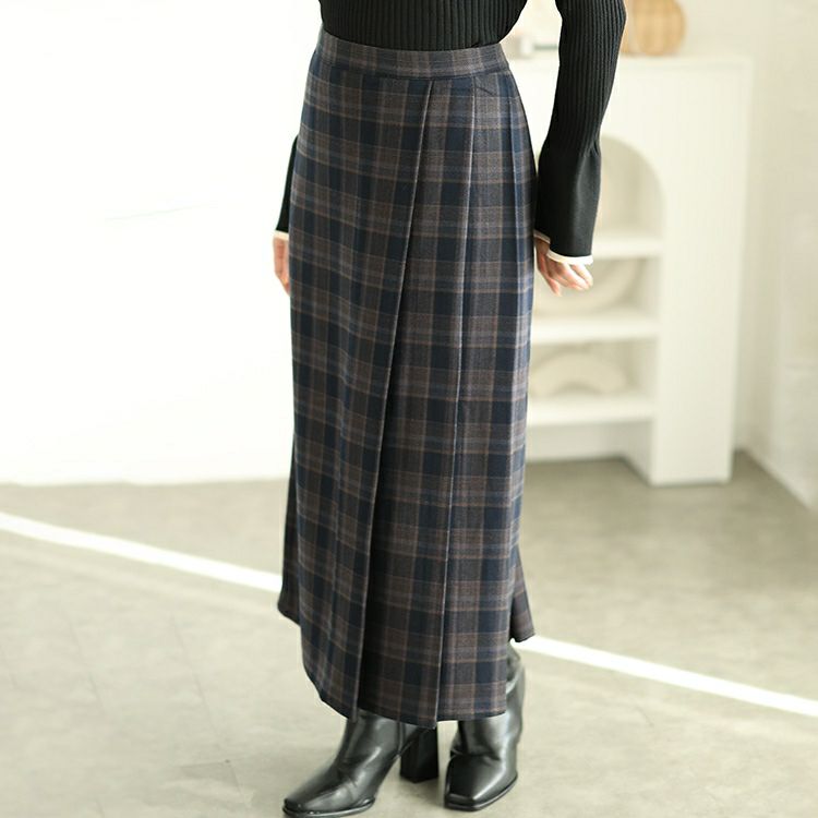 大きいサイズ レディース チェック柄メルティストレッチ微起毛タックナロースカート　cpdai-640533