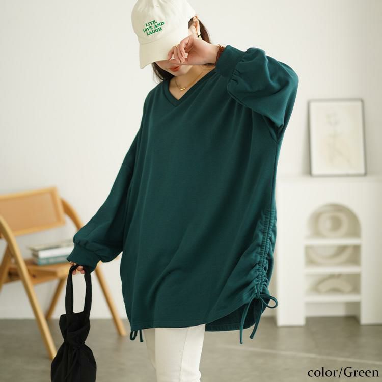 大きいサイズ レディース Vネックサイドドロストプルオーバー　bai-0165 グリーン