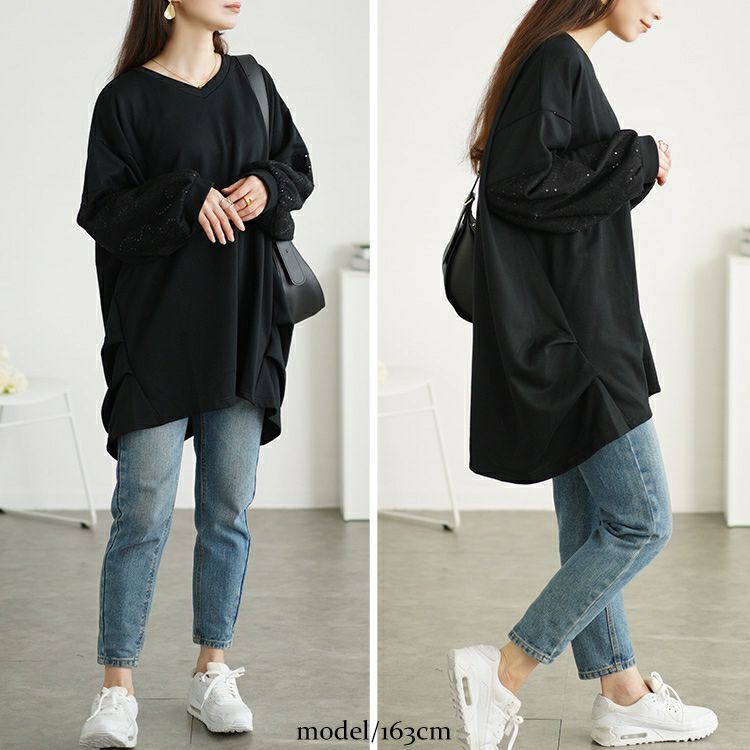 大きいサイズ レディース スパンコールレース切り替えチュニック　bai-0164