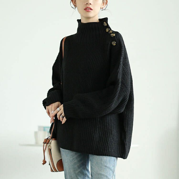 大きいサイズ レディース ハイネックサイドボタンリブニット　wn-0221