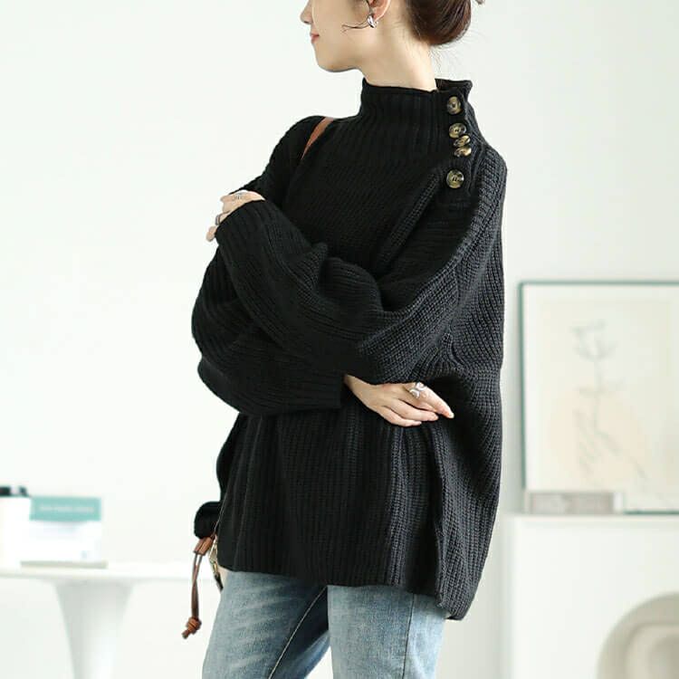 大きいサイズ レディース ハイネックサイドボタンリブニット　wn-0221